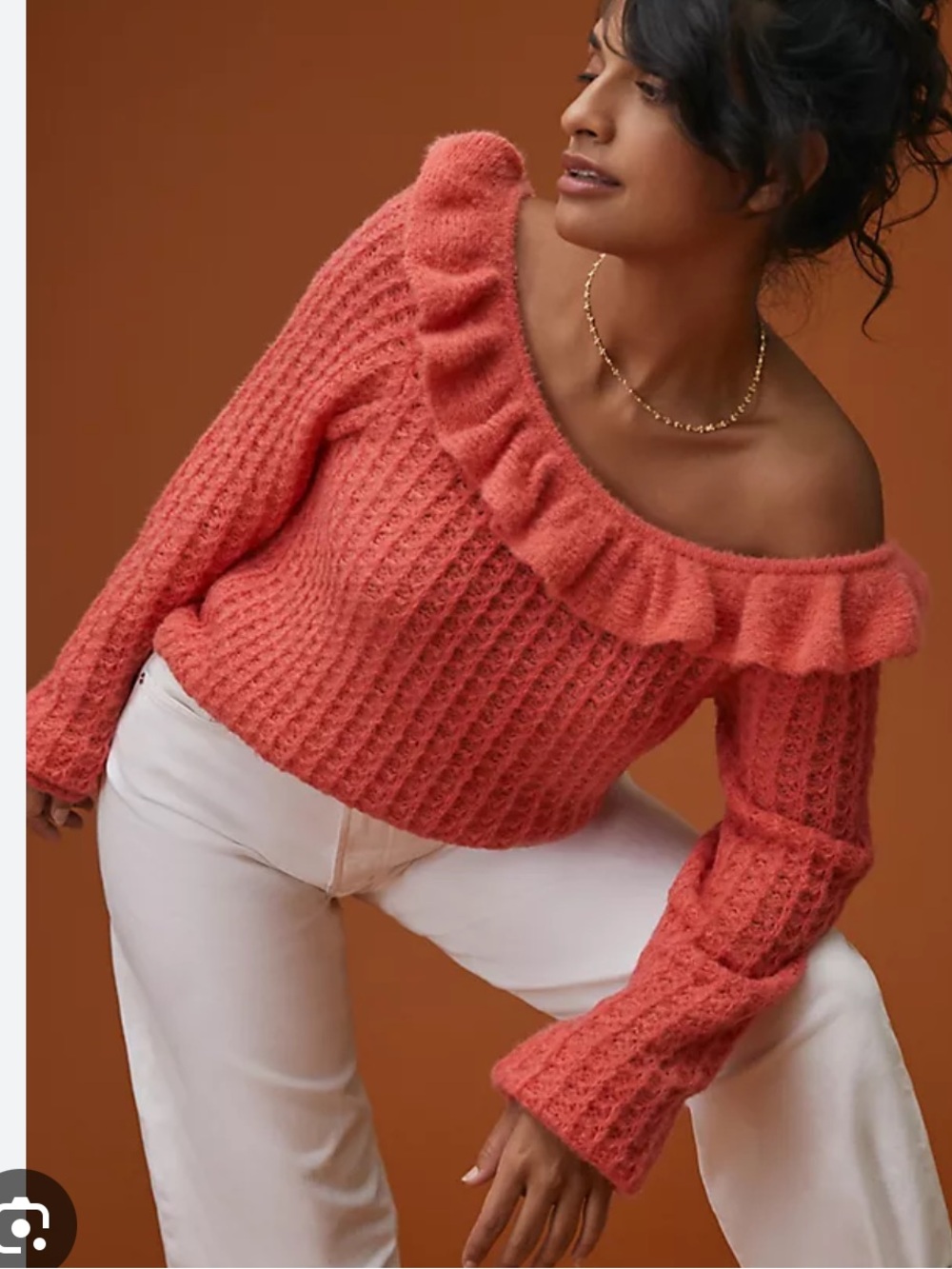 Anthropologie Ruffled Boat Neck Sweater Coral XS